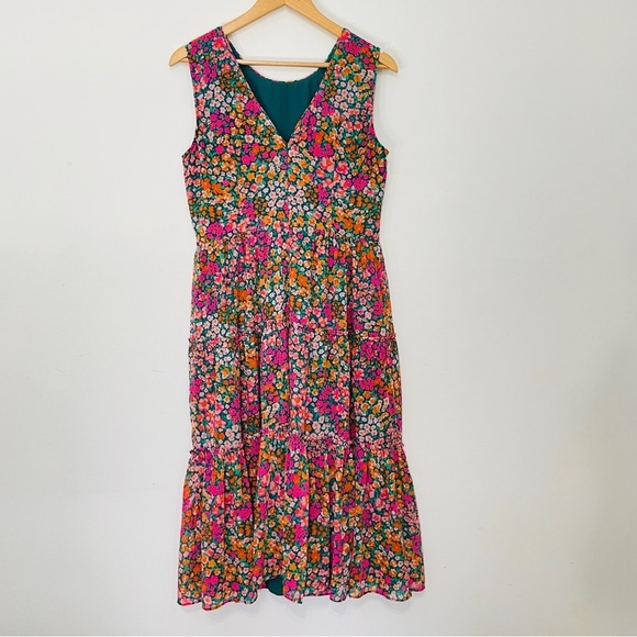 Floral Sleeveless Tiered Pleated Ruffle Chiffon Midi Dress Multicolor - Picture 3 of 8